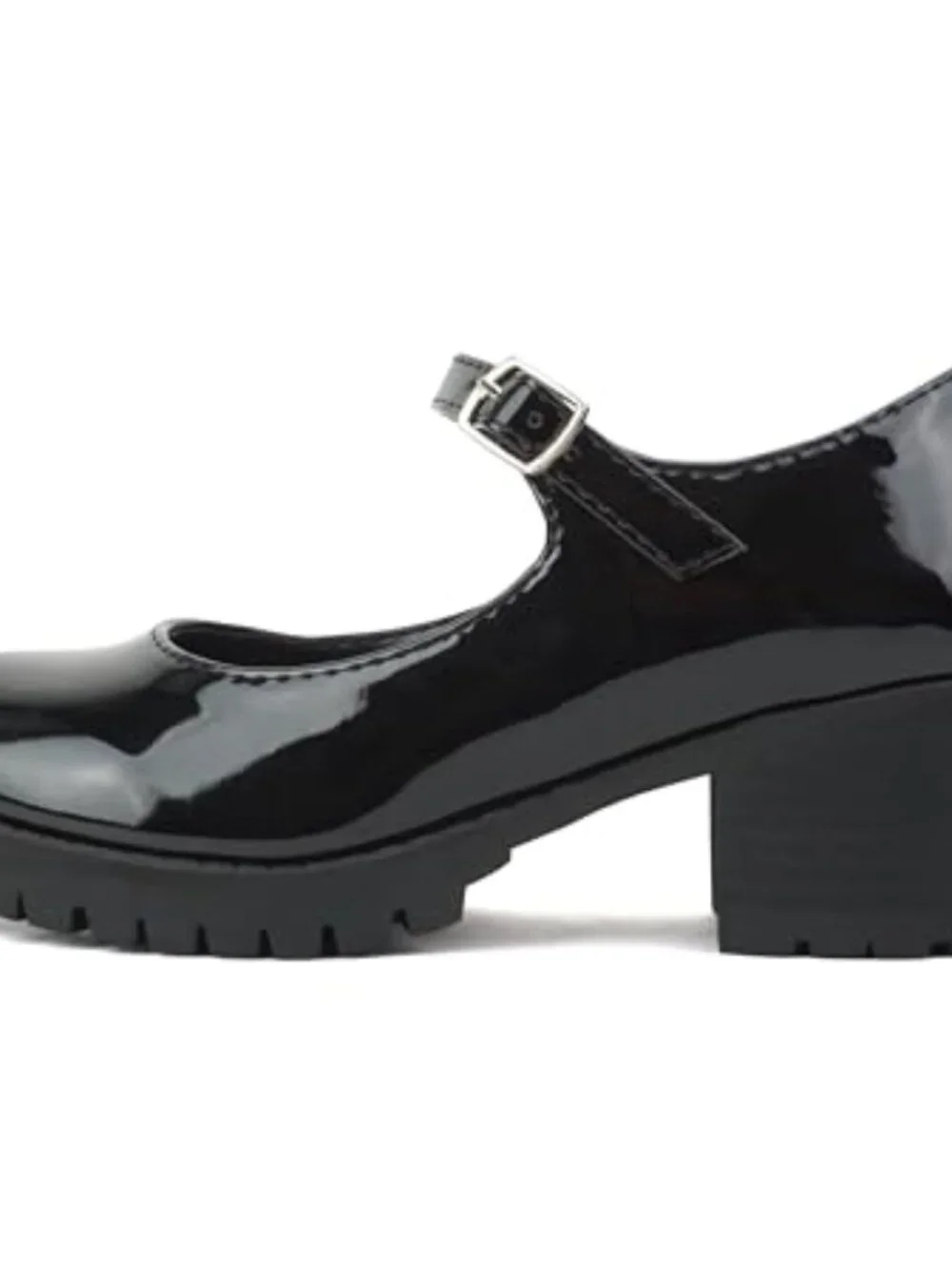 Girls Black Patent Mary Jane Block Heel Shoes Adjustable Strap